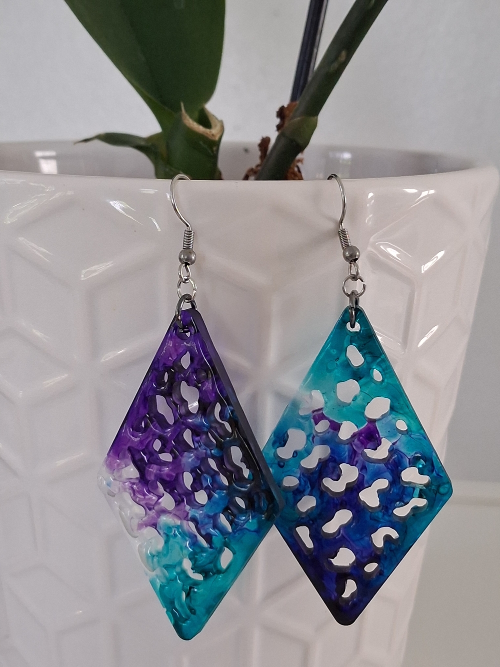 Handcrafted Blue-Purple Resin Diamond Dangle Earrings